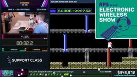 Peanut Butter and his owner JSR_ speedrunning for Games Done Quick, with the EWS Podcast Logo in the top right corner